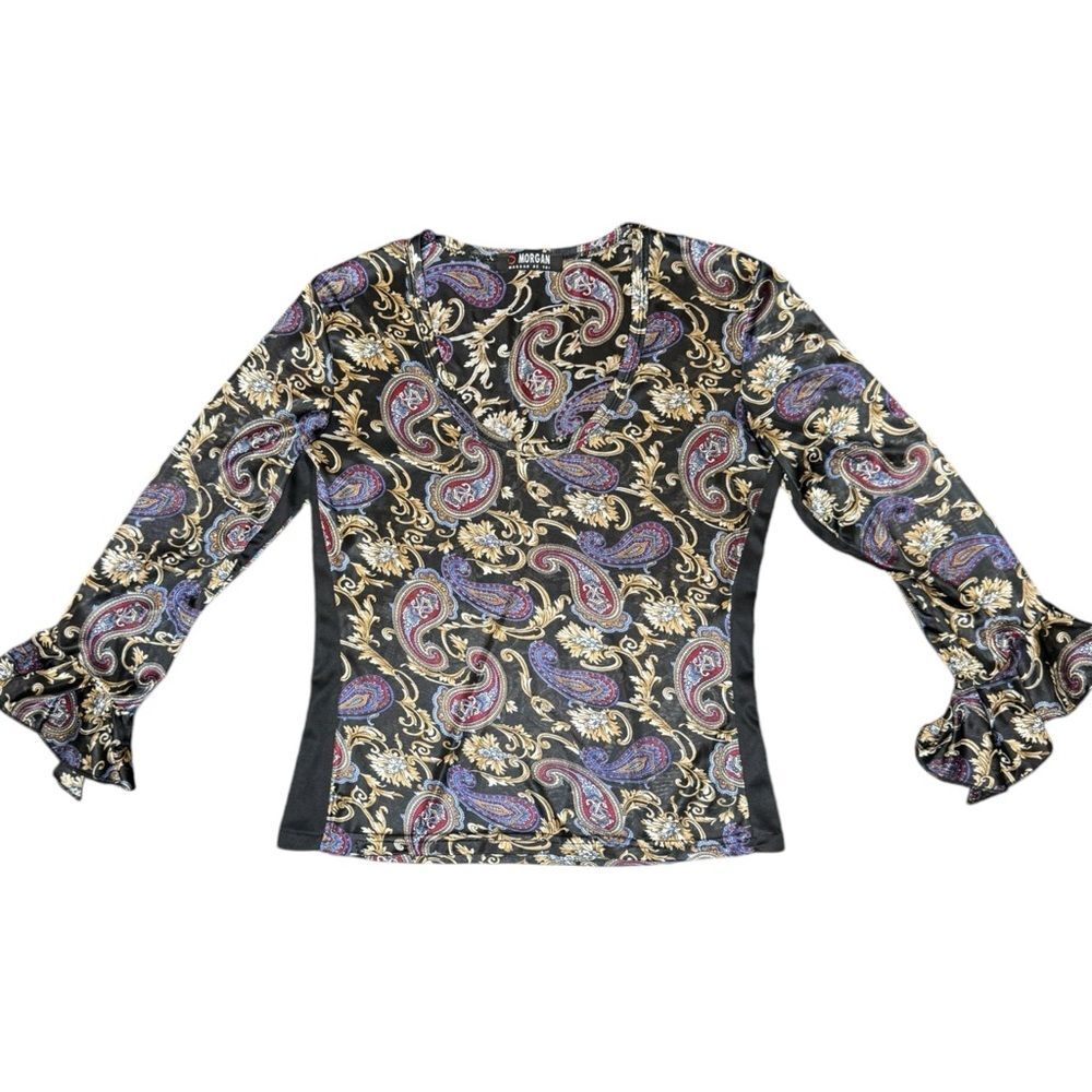 Morgan De Toi Paisley Black + Blue 3/4ths Flare Long Sleeve Top Size Medium